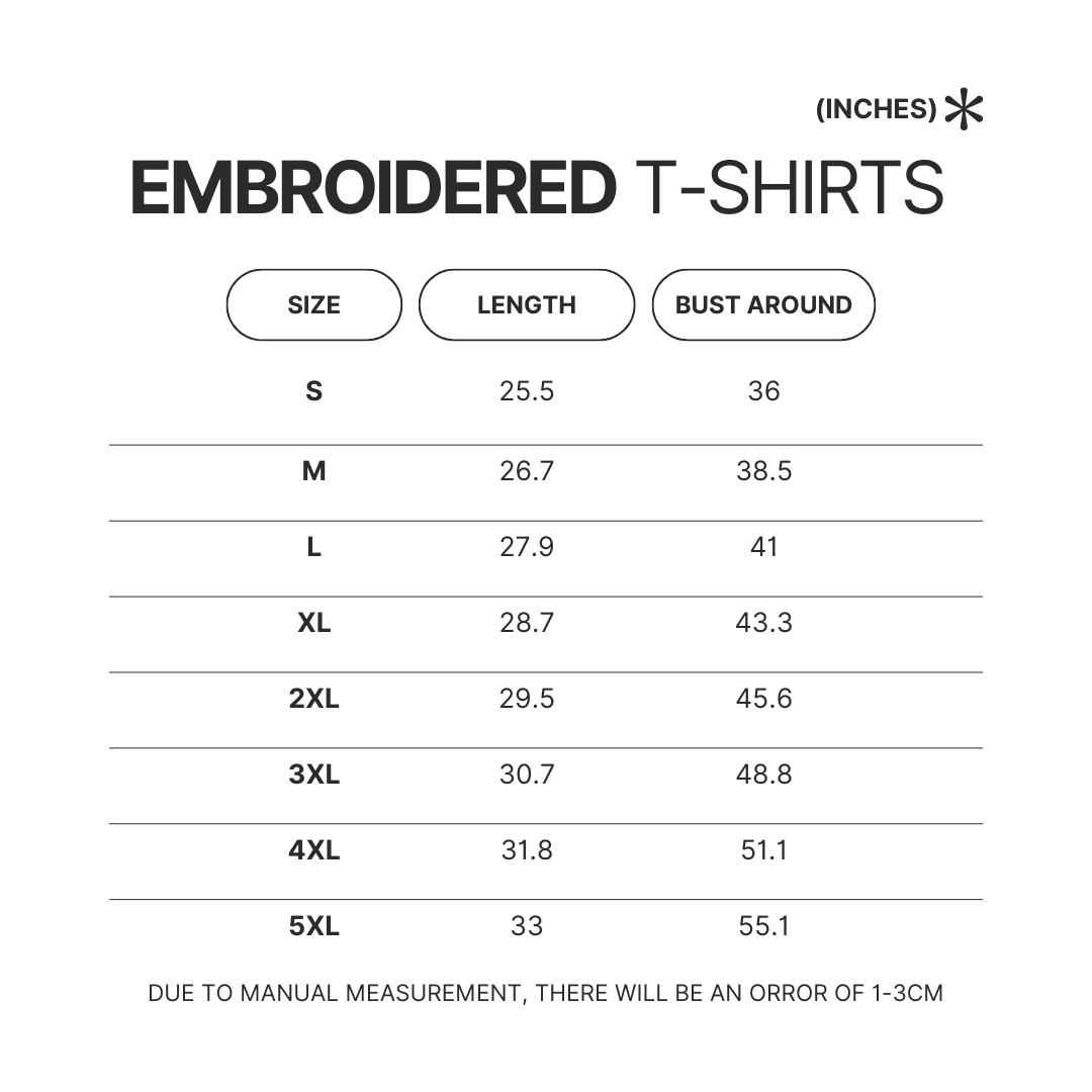 Embroidered T shirt Size Chart - Honkai: Star Rail Merch